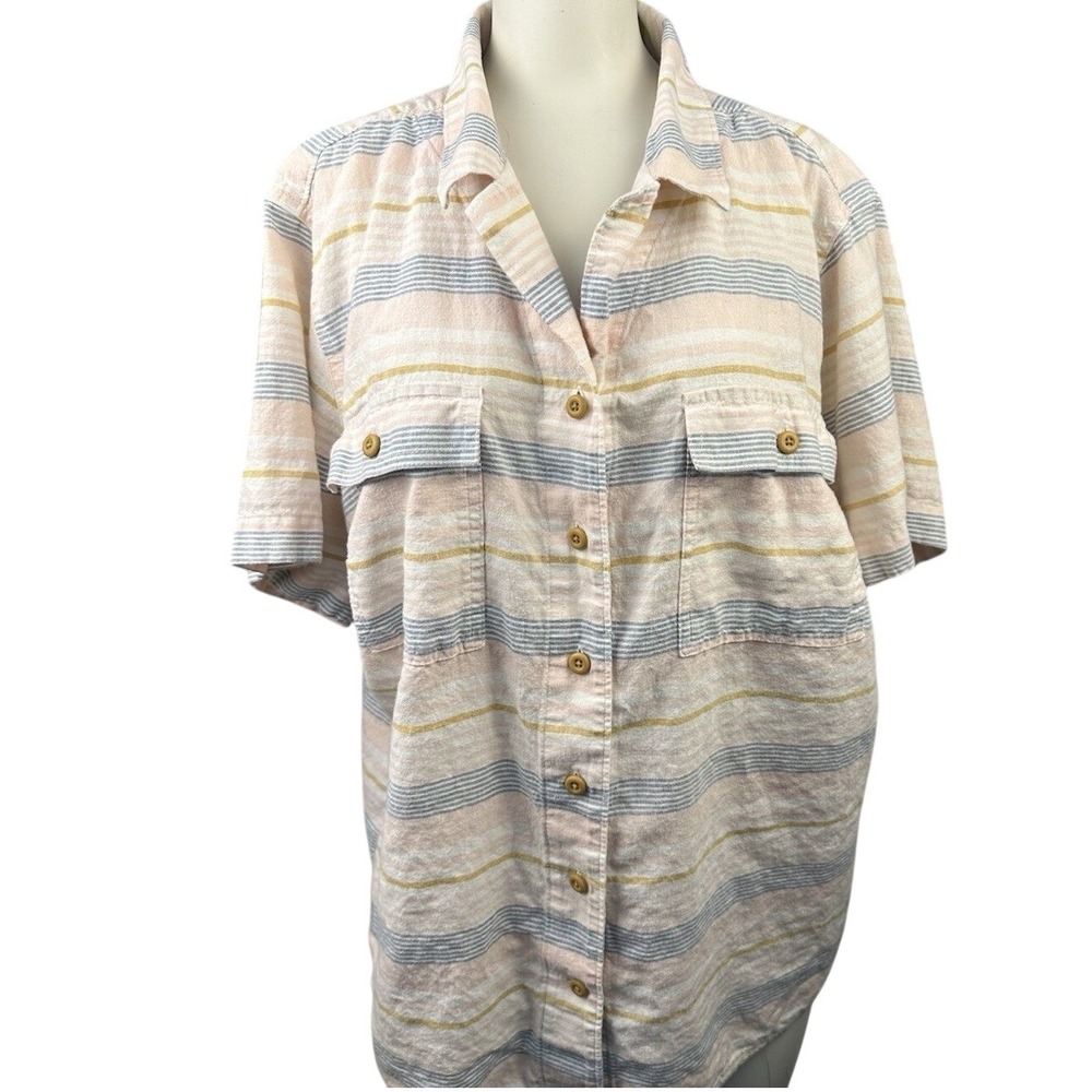 Duluth Trading Co Womens 1X Hemp Cotton Striped Short Sleeve Button Down Shirt